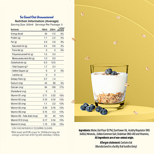 So Good Plant-Based Oat Beverage - Unsweetened, 1 L  