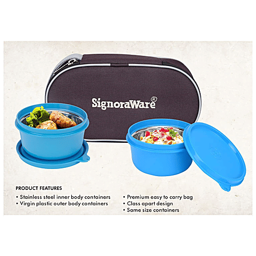 Signoraware Monarch Midday Microsafe Lunch Box With Bag - Leak Proof, Blue, 3 pcs