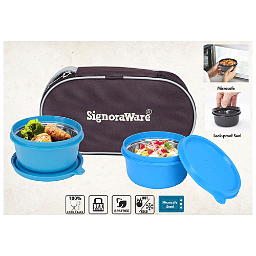 Signoraware Monarch Midday Microsafe Lunch Box With Bag - Leak Proof, Blue, 3 pcs