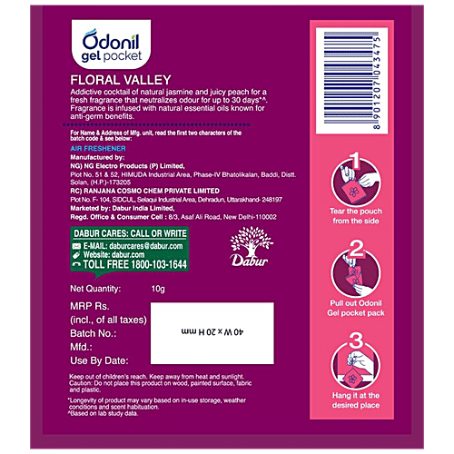 Odonil  Gel Pocket - Floral Valley, Long-Lasting Fragrance, Provides Germ Protection, 10 g  30 Days of Freshness
 Floral Valley
 Germ Protection