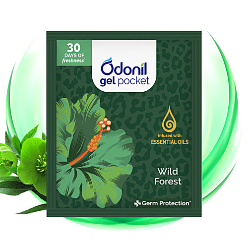 Odonil  Gel Pocket - Wild Forest, Long-Lasting Fragrance, Provides Germ Protection, 10 g  Germ Protection
 Neutralises Odour
 30 Days of Freshness