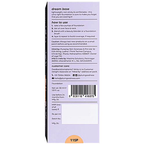 Plum Soft Blend Weightless Foundation - With Hyaluronic Acid, Matte Finish, Long Wear, 30 ml Pinched Blush - 115P 