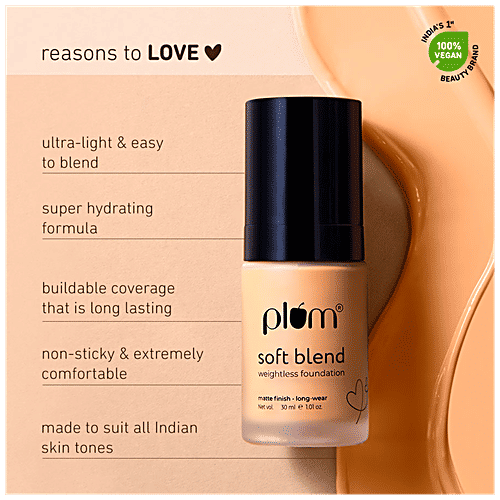 Plum Soft Blend Weightless Foundation - With Hyaluronic Acid, Matte Finish, Long Wear, 30 ml Tan Glow - 130N