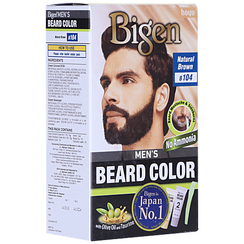 Bigen Mens Beard Colour With Olive Oil & Taurine - Natural Brown B104, No Ammonia, Japans No 1, 40 g  