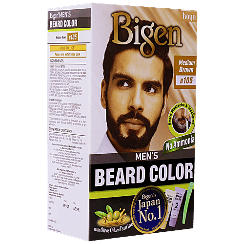 Bigen Mens Beard Colour With Olive Oil & Taurine - Medium Brown B105, No Ammonia, Japans No 1, 40 g