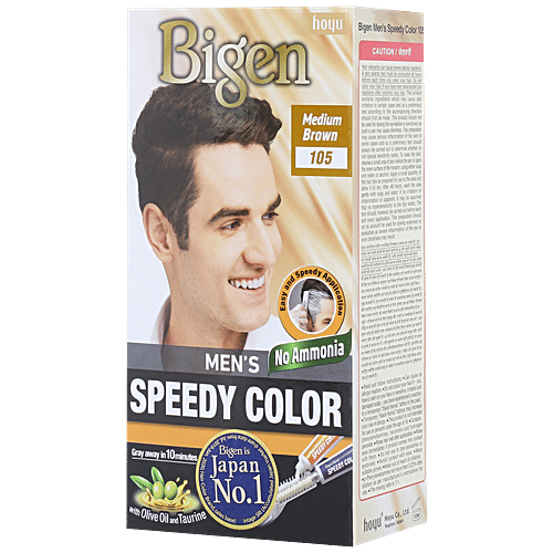 Bigen Mens Speedy Hair Colour With Olive Oil & Taurine - Medium Brown 105, No Ammonia, Japans No 1, 80 g  
