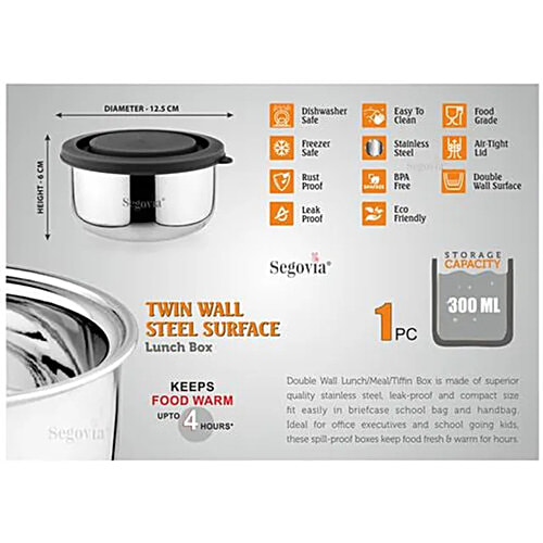 Segovia Stainless Steel Double Walled Lunch Box - With Airtight Lid, Black, BPA Free, 300 ml  