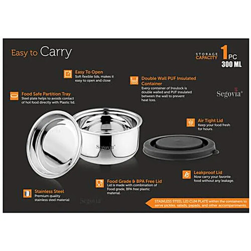 Segovia Stainless Steel Double Walled Lunch Box - With Airtight Lid, Black, BPA Free, 300 ml  