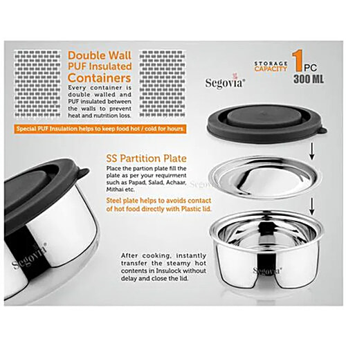 Segovia Stainless Steel Double Walled Lunch Box - With Airtight Lid, Black, BPA Free, 300 ml  