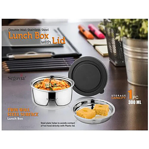 Segovia Stainless Steel Double Walled Lunch Box - With Airtight Lid, Black, BPA Free, 300 ml  