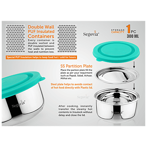 Segovia Stainless Steel Double Walled Lunch Box - With Airtight Lid, Teal, BPA Free, 300 ml  