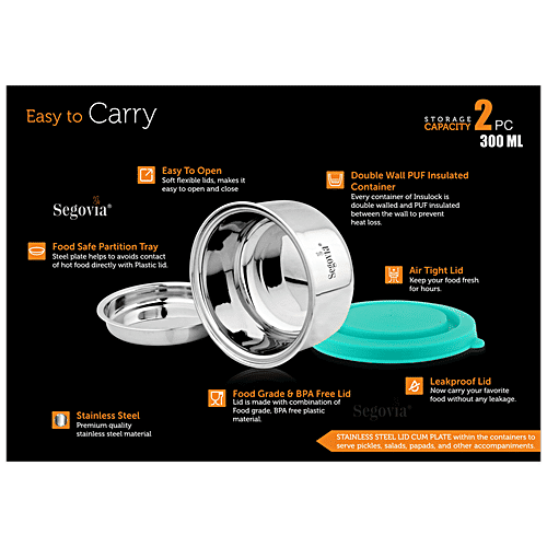 Segovia Stainless Steel Double Walled Lunch Box - With Airtight Lid, Teal, BPA Free, 300 ml  