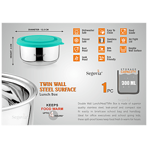 Segovia Stainless Steel Double Walled Lunch Box - With Airtight Lid, Teal, BPA Free, 300 ml  