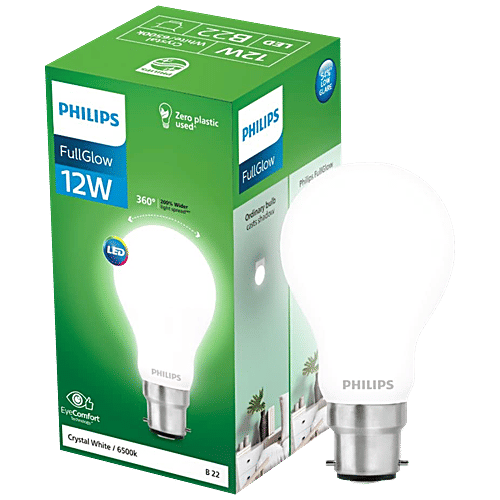 Philips Full Glow 12W LED Bulb - Crystal White, 1200Lm, 6500K, B22, A60 Diffused, 1 pc
