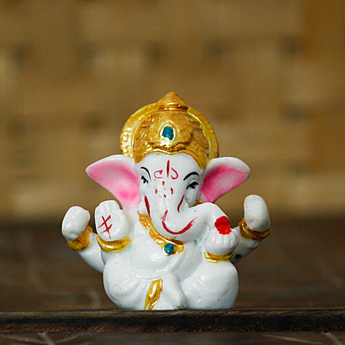 eCraftIndia White Lord Ganesha Idol With Golden Mukut, 1 pc  Eco-friendly
 Decorative