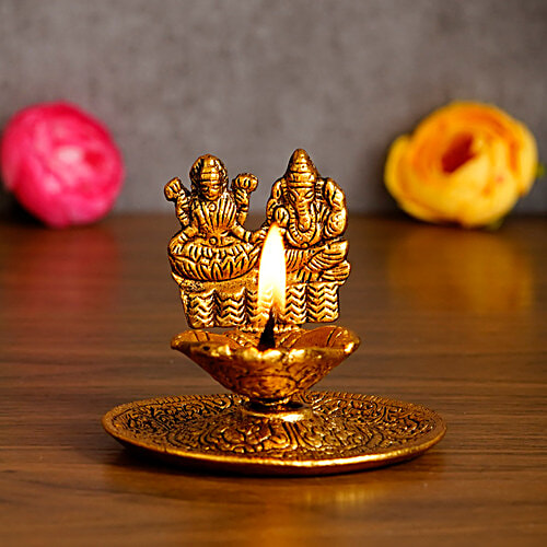 eCraftIndia Goddess Laxmi & Lord Ganesha Golden Metal Diya, 1 pc  