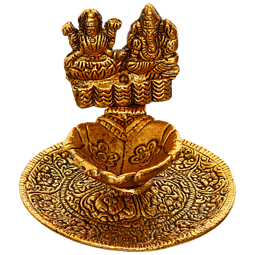 eCraftIndia Goddess Laxmi & Lord Ganesha Golden Metal Diya, 1 pc  