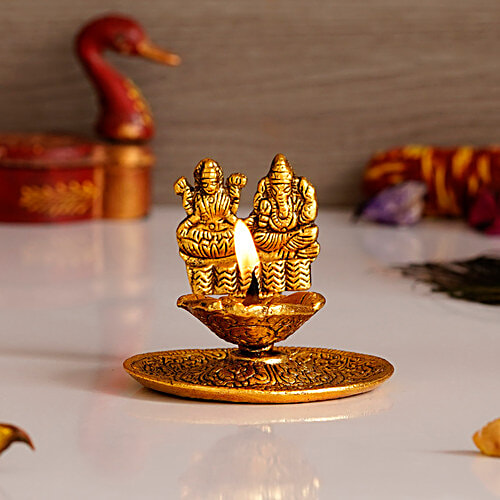 eCraftIndia Goddess Laxmi & Lord Ganesha Golden Metal Diya, 1 pc  