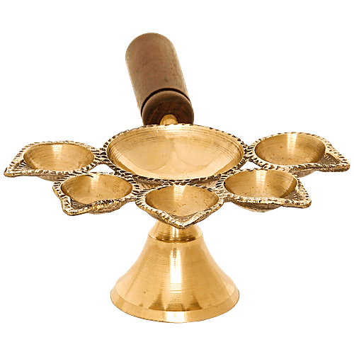 eCraftIndia Brass Panchdeep Diya For 5 Cotton Wicks With Wooden Holder, 1 pc  