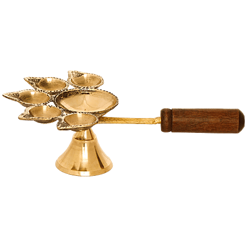 eCraftIndia Brass Panchdeep Diya For 5 Cotton Wicks With Wooden Holder, 1 pc  