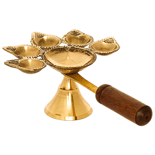 eCraftIndia Brass Panchdeep Diya For 5 Cotton Wicks With Wooden Holder, 1 pc  