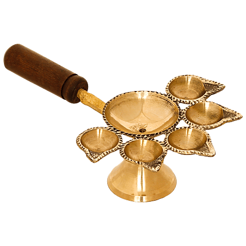 eCraftIndia Brass Panchdeep Diya For 5 Cotton Wicks With Wooden Holder, 1 pc  