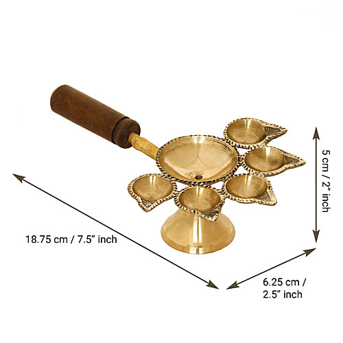 eCraftIndia Brass Panchdeep Diya For 5 Cotton Wicks With Wooden Holder, 1 pc  