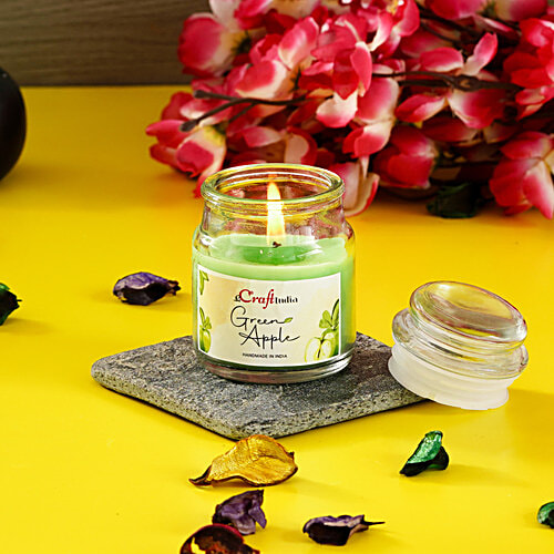eCraftIndia Green Apple Scented Jar Candle - 100% High Quality Paraffin Wax, Perfumed, 1 pc