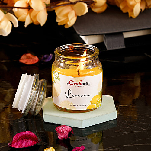 eCraftIndia Jar Wax Candle - With Lemon Flavour Scent, Decorative For Diwali, Ceremony, Party, Candlelight Dinner, 1 pc  
