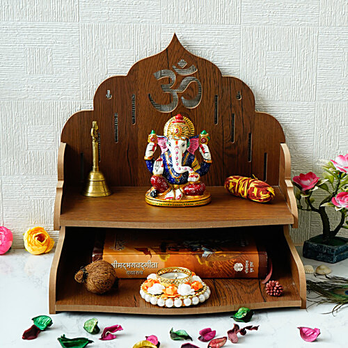 eCraftIndia Laminated Wood Pooja Temple/Mandir With Shelf & Om Design, 1 pc  