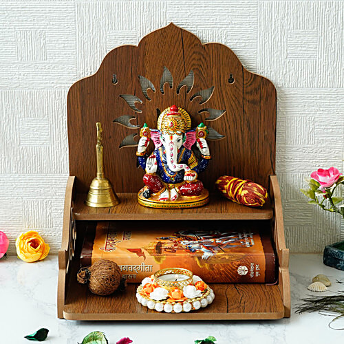 eCraftIndia Laminated Wood Pooja Temple/Mandir With Shelf & Swastik Design, 1 pc