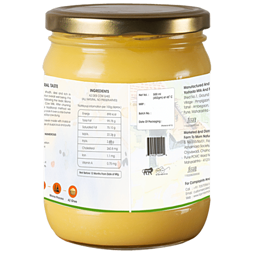 Farm to Mom A2 Desi Gir Cow Ghee - Natural & Pure, Boosts Immunity, Improves Digestion, 500 ml  