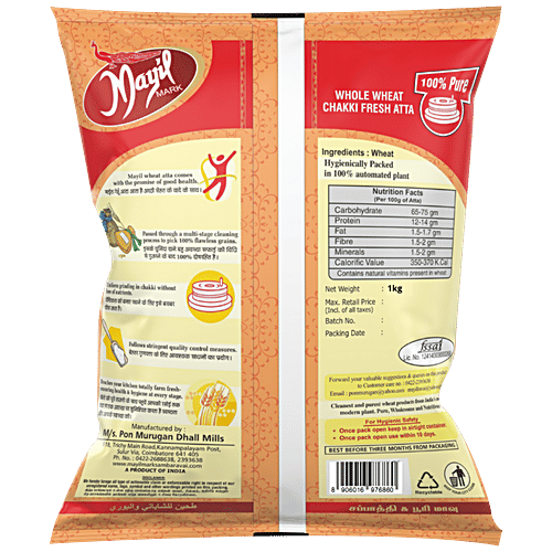 Mayil Mark Whole Wheat Chakki Fresh Atta - No Maida, Pure, 1 kg Pouch