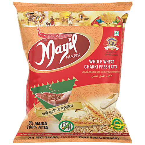 Mayil Mark Whole Wheat Chakki Fresh Atta - No Maida, Pure, 1 kg Pouch