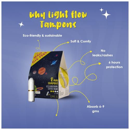Lemme Be Light Flow Mini Tampons - 100% Cotton Certified Biodegradable, 8 pcs  