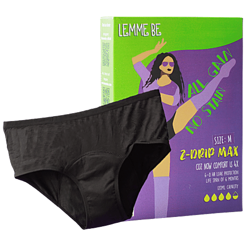Lemme Be Period Panties - Z Drip Max, Medium, Black, Reusable, Leak Proof, Bamboo Fiber, 1 pc  
