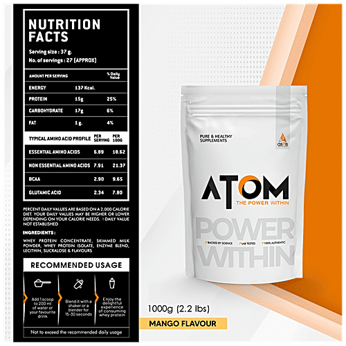 As-It-Is Nutrition ATOM Beginners Whey Protein - Increases Muscle & Body Strength, Mango Flavour, 1 kg  