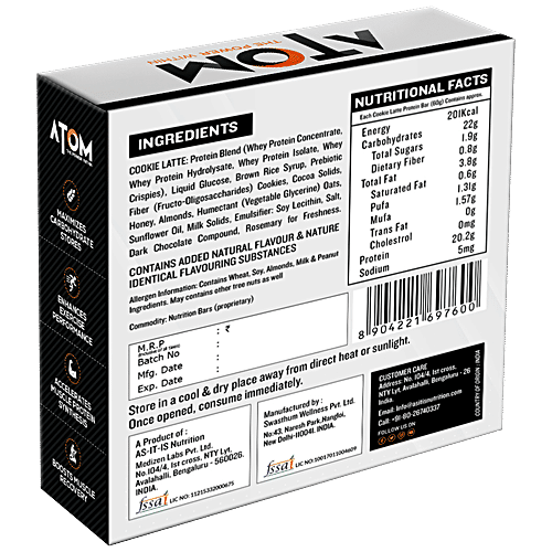 As-It-Is Nutrition High Protein Bar - Whey Protein Concentrate, Zero Added Sugar, Cookie Latte, 60 g (Pack of 6) 