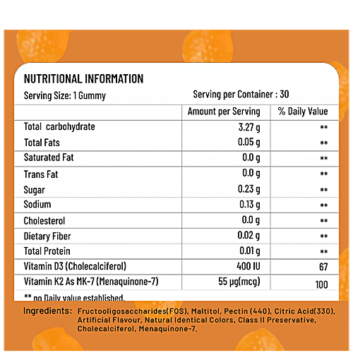 Top Gummy Vitamin D3 + K2 Gummies - Dietary Supplement, Gluten Free, Mixed Fruit Flavour, 30 pcs  