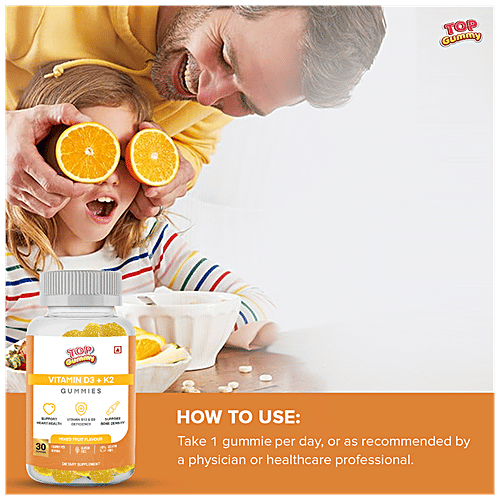 Top Gummy Vitamin D3 + K2 Gummies - Dietary Supplement, Gluten Free, Mixed Fruit Flavour, 30 pcs  