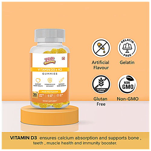 Top Gummy Vitamin D3 + K2 Gummies - Dietary Supplement, Gluten Free, Mixed Fruit Flavour, 30 pcs  