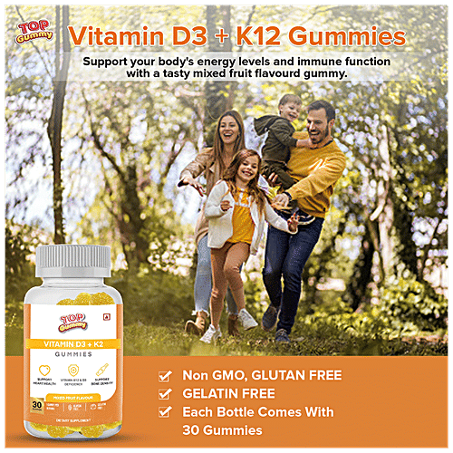 Top Gummy Vitamin D3 + K2 Gummies - Dietary Supplement, Gluten Free, Mixed Fruit Flavour, 30 pcs  