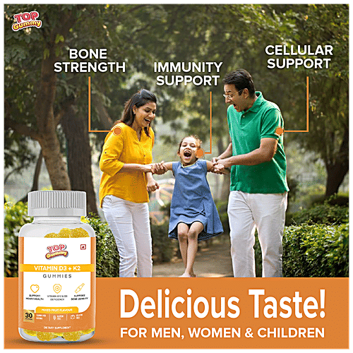 Top Gummy Vitamin D3 + K2 Gummies - Dietary Supplement, Gluten Free, Mixed Fruit Flavour, 30 pcs  