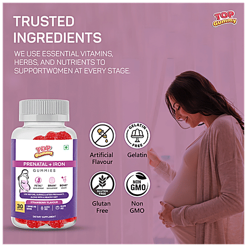 Top Gummy Prenatal + Iron Gummies - Dietary Supplement, Gluten Free, Strawberry Flavour, 30 pcs  