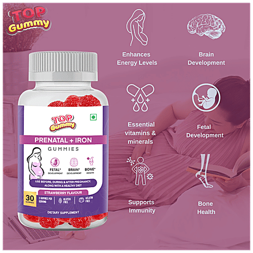 Top Gummy Prenatal + Iron Gummies - Dietary Supplement, Gluten Free, Strawberry Flavour, 30 pcs  