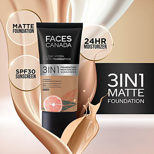 Faces Canada All Day Hydra 3-In-1 Matte Foundation - SPF 30, Alcohol Free, 25 ml Rich Ivory 013 