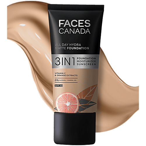 Faces Canada All Day Hydra 3-In-1 Matte Foundation - SPF 30, Alcohol Free, 25 ml Medium Natural 022 