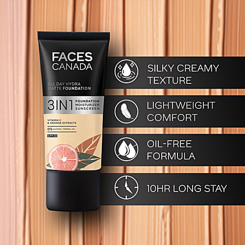 Faces Canada All Day Hydra 3-In-1 Matte Foundation - SPF 30, Alcohol Free, 25 ml Medium Natural 022 