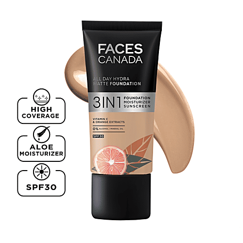 Faces Canada All Day Hydra 3-In-1 Matte Foundation - SPF 30, Alcohol Free, 25 ml Medium Natural 022 