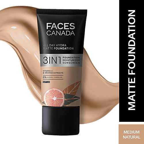 Faces Canada All Day Hydra 3-In-1 Matte Foundation - SPF 30, Alcohol Free, 25 ml Medium Natural 022 